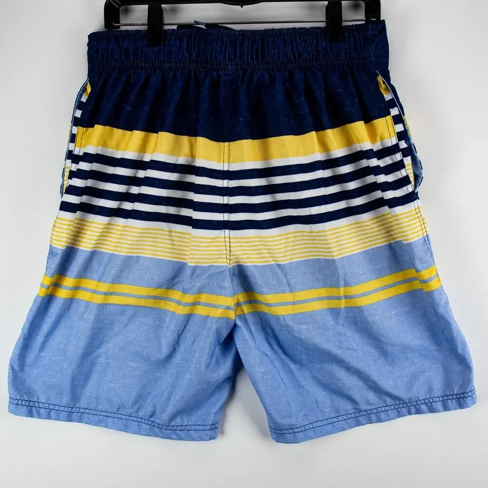 Le Tigre Men’s Medium Vintage Board Shorts Blue Yellow Striped Swim Trunks